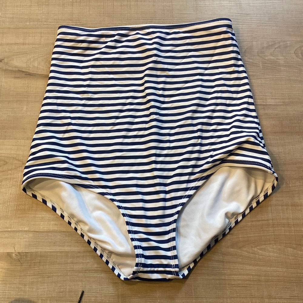 June loop swim bottoms high waisted medium navy and white stripes